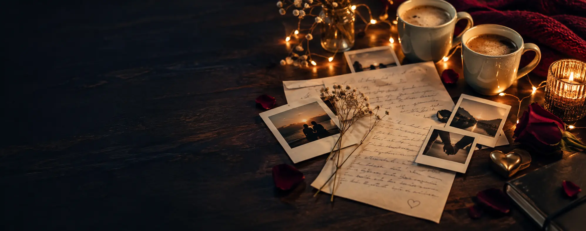Cartas e fotografias de casal em uma cena romântica