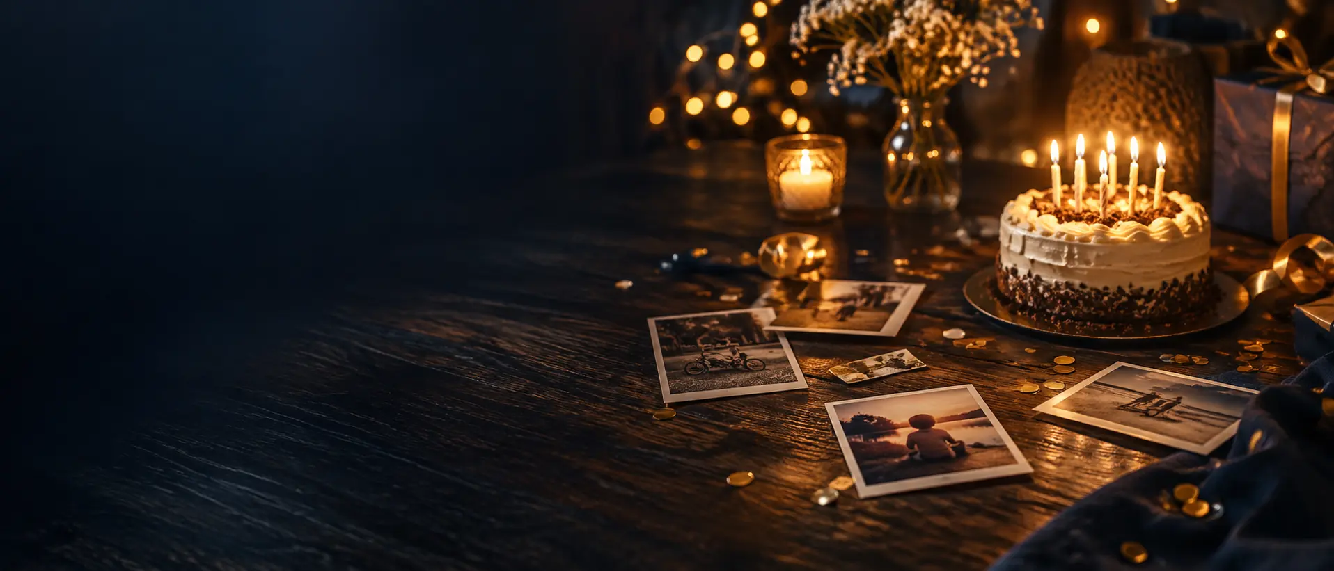 Bolo iluminado e fotografias que representam diferentes aniversários