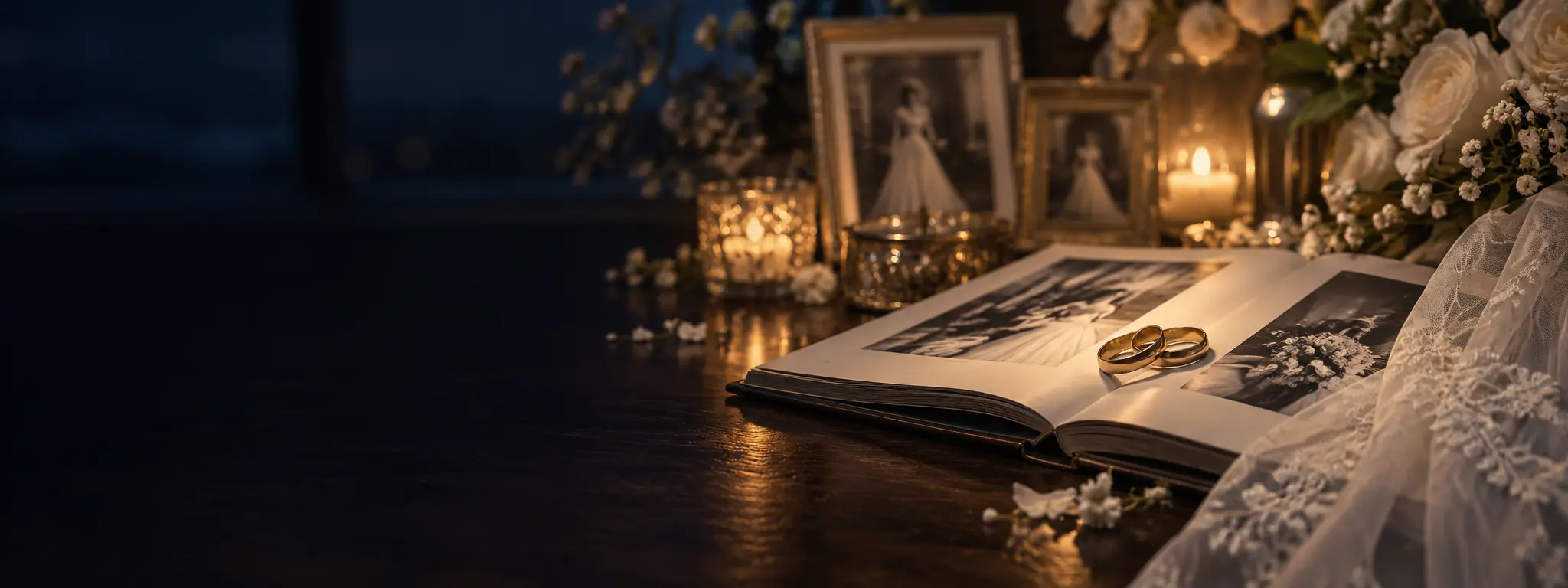 Alianças, flores e fotografias de uma história de casamento
