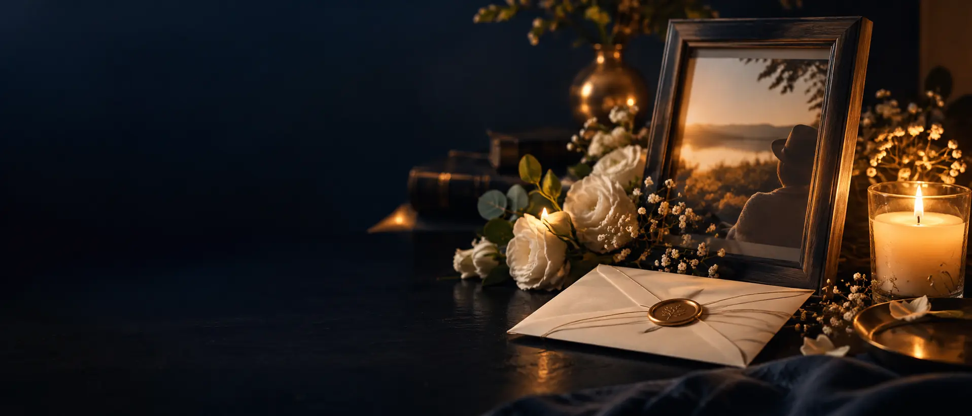 Fotografia emoldurada, flores e carta formando uma homenagem especial